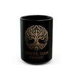 White Oak Brand Black Ceramic Mug — Gold Tree Logo Coffee Cup (11oz, 15oz)