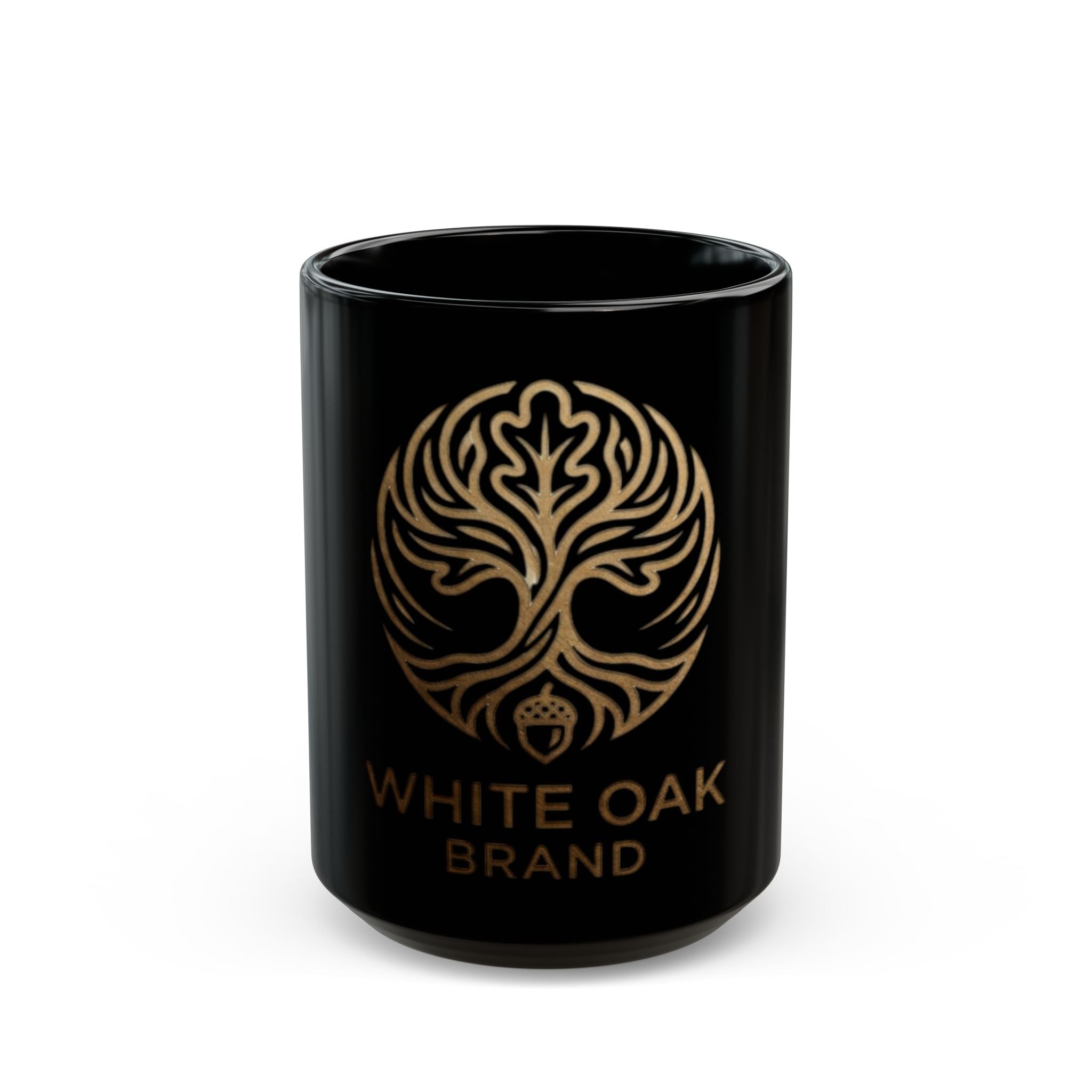 White Oak Brand Black Ceramic Mug — Gold Tree Logo Coffee Cup (11oz, 15oz)