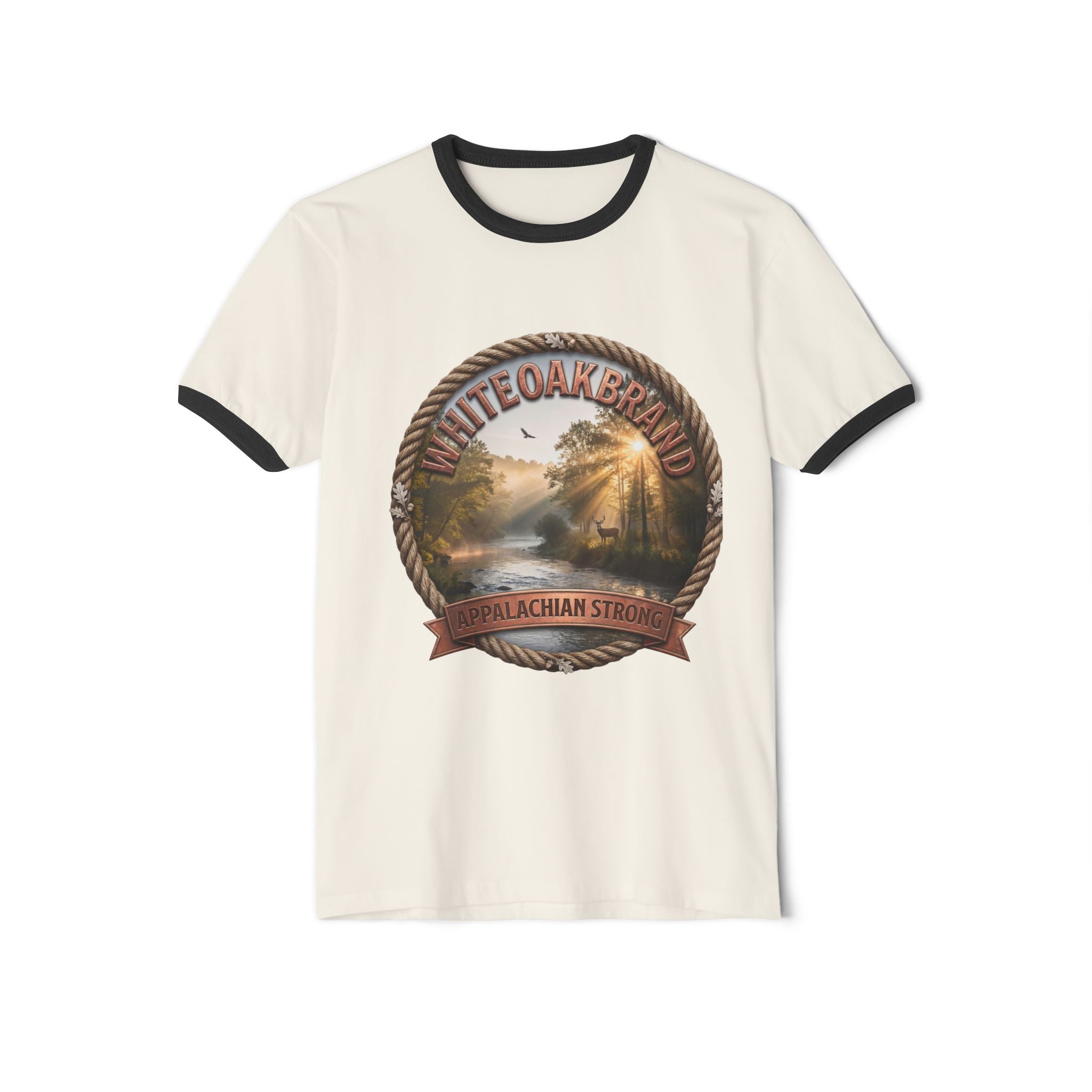 Vintage White Oak Brand Ringer Tee — Woodland Scenic Logo T‑Shirt