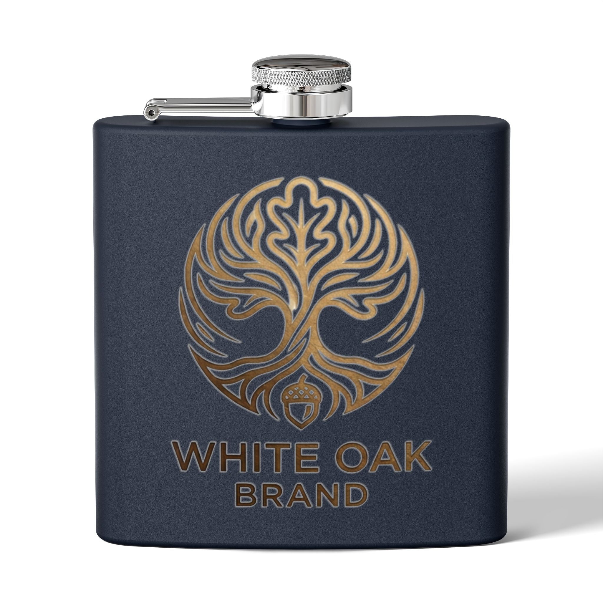 White Oak Brand 6oz Stainless Steel Flask — Engraved Oak Logo Hip Flask, Gift for Groomsmen & Outdoor Enthusiasts