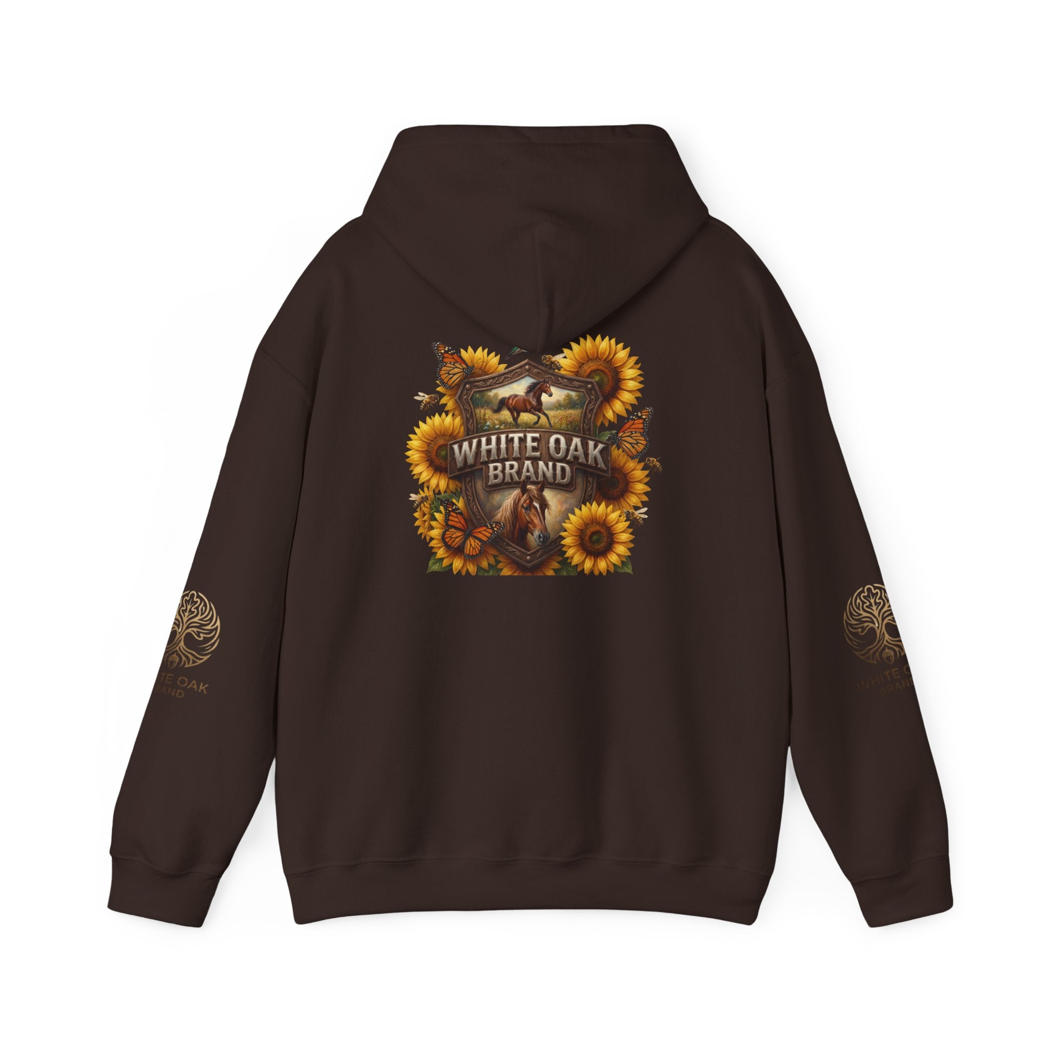 White Oak Brand Hoodie — Sunflowers, Fox & Rustic Nature Graphic