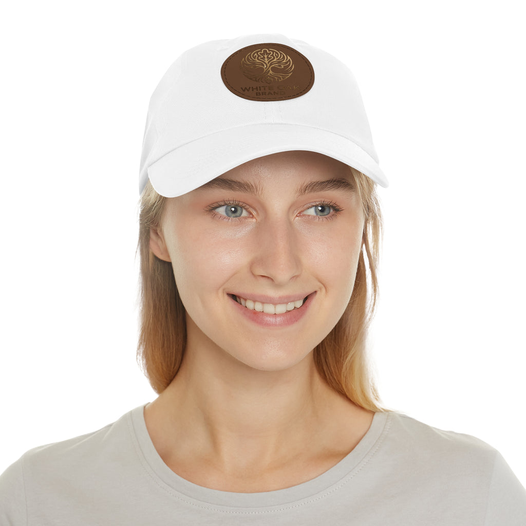 White Oak Leather Patch Dad Hat — Embossed Tree Logo Cap