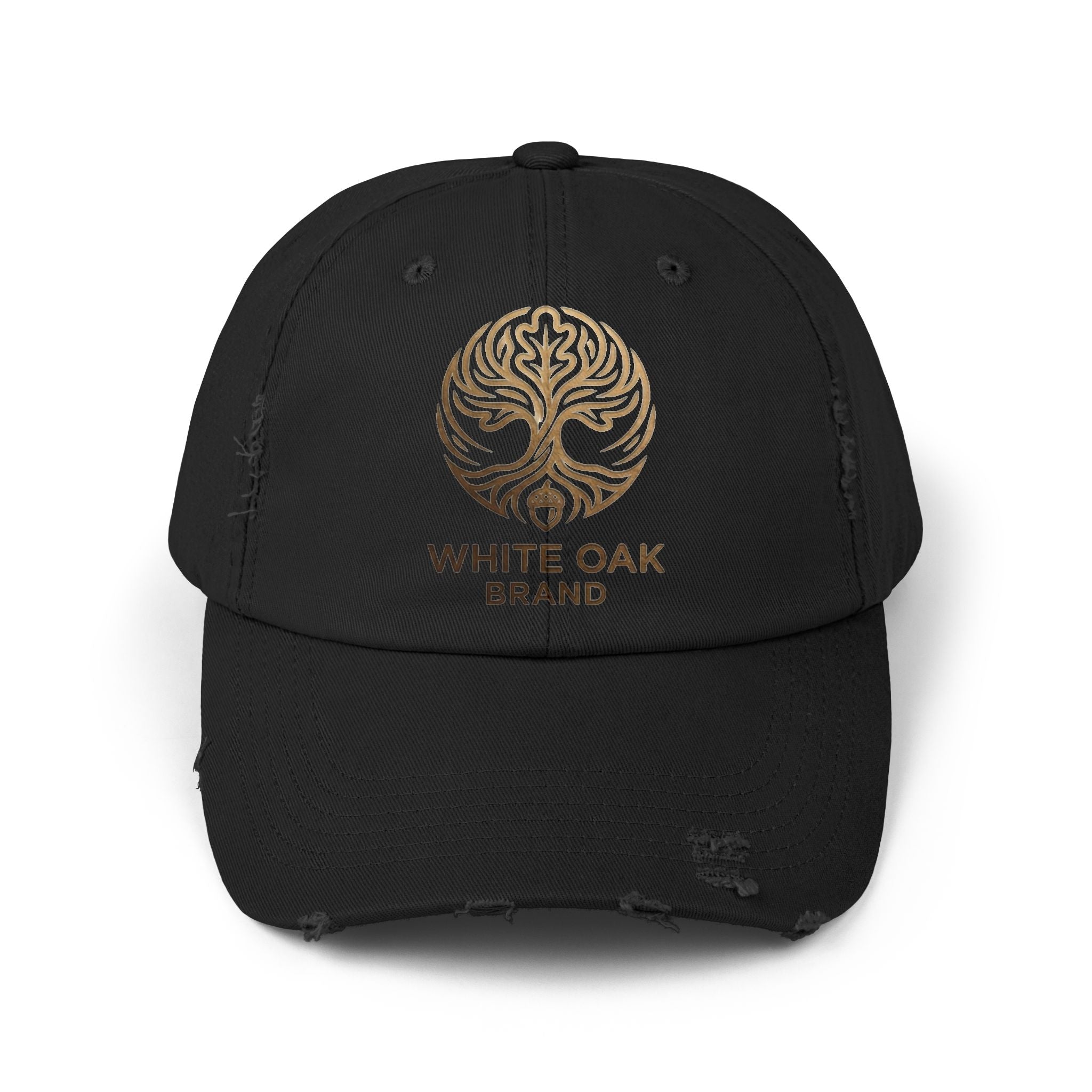 White Oak Distressed Cap — Rustic Gold Tree Logo Baseball Hat