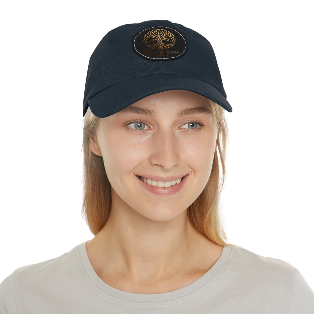 White Oak Leather Patch Dad Hat — Embossed Tree Logo Cap
