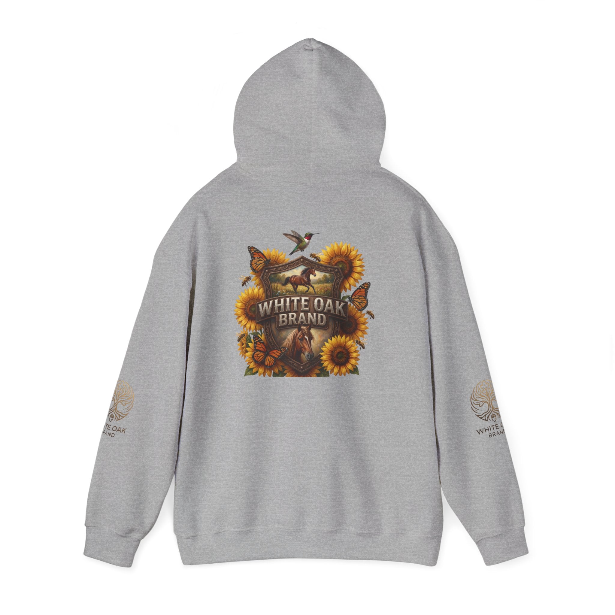 White Oak Brand Hoodie — Sunflowers, Fox & Rustic Nature Graphic