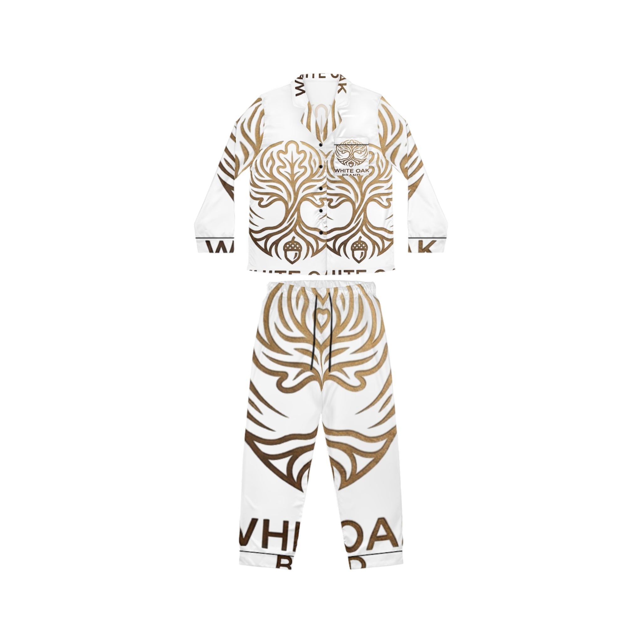 White Oak Brand Satin Pajama Set — Luxury Women's Sleepwear with Gold Oak Motif