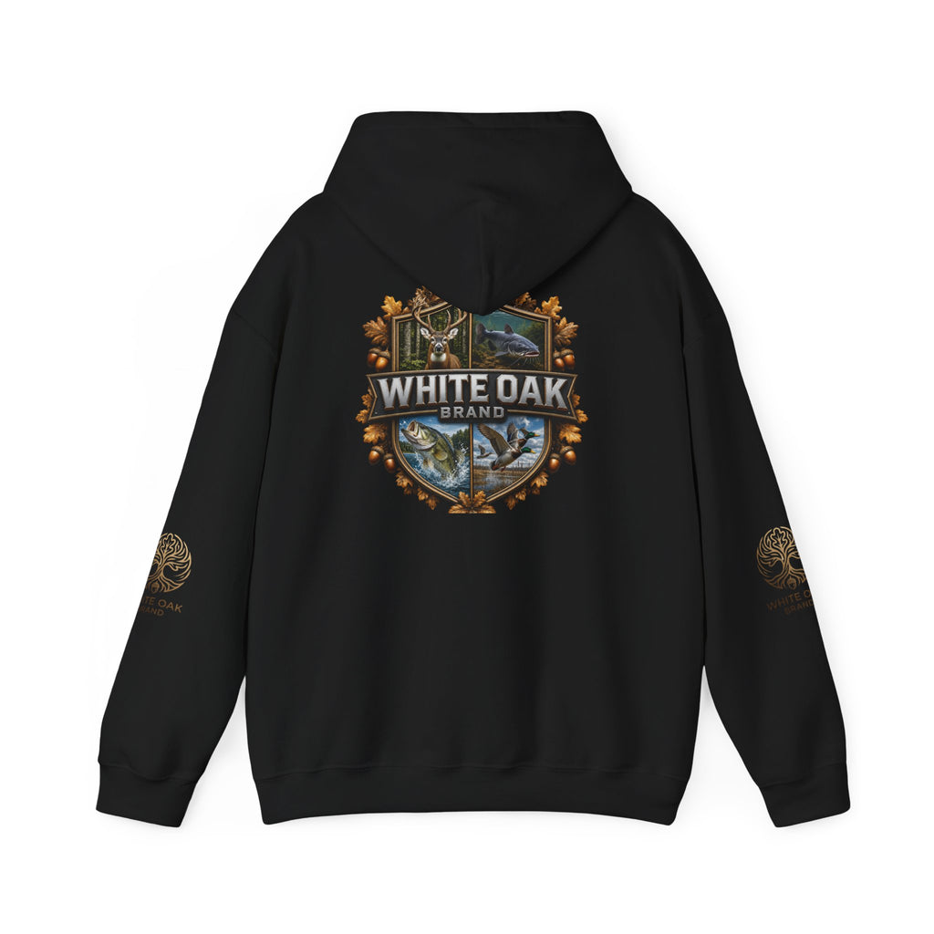 White Oak Brand Hoodie – Nature Logo Pullover with Scenic Back Emblem
