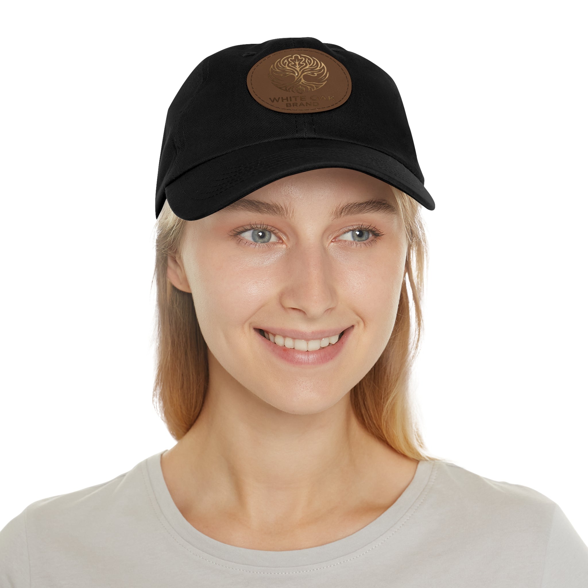 White Oak Leather Patch Dad Hat — Embossed Tree Logo Cap