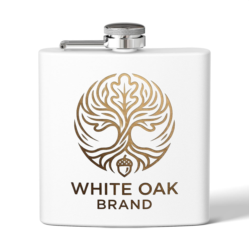 White Oak Brand 6oz Stainless Steel Flask — Engraved Oak Logo Hip Flask, Gift for Groomsmen & Outdoor Enthusiasts