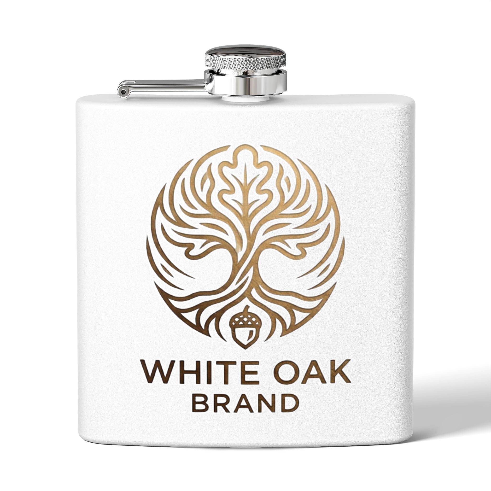 White Oak Brand 6oz Stainless Steel Flask — Engraved Oak Logo Hip Flask, Gift for Groomsmen & Outdoor Enthusiasts