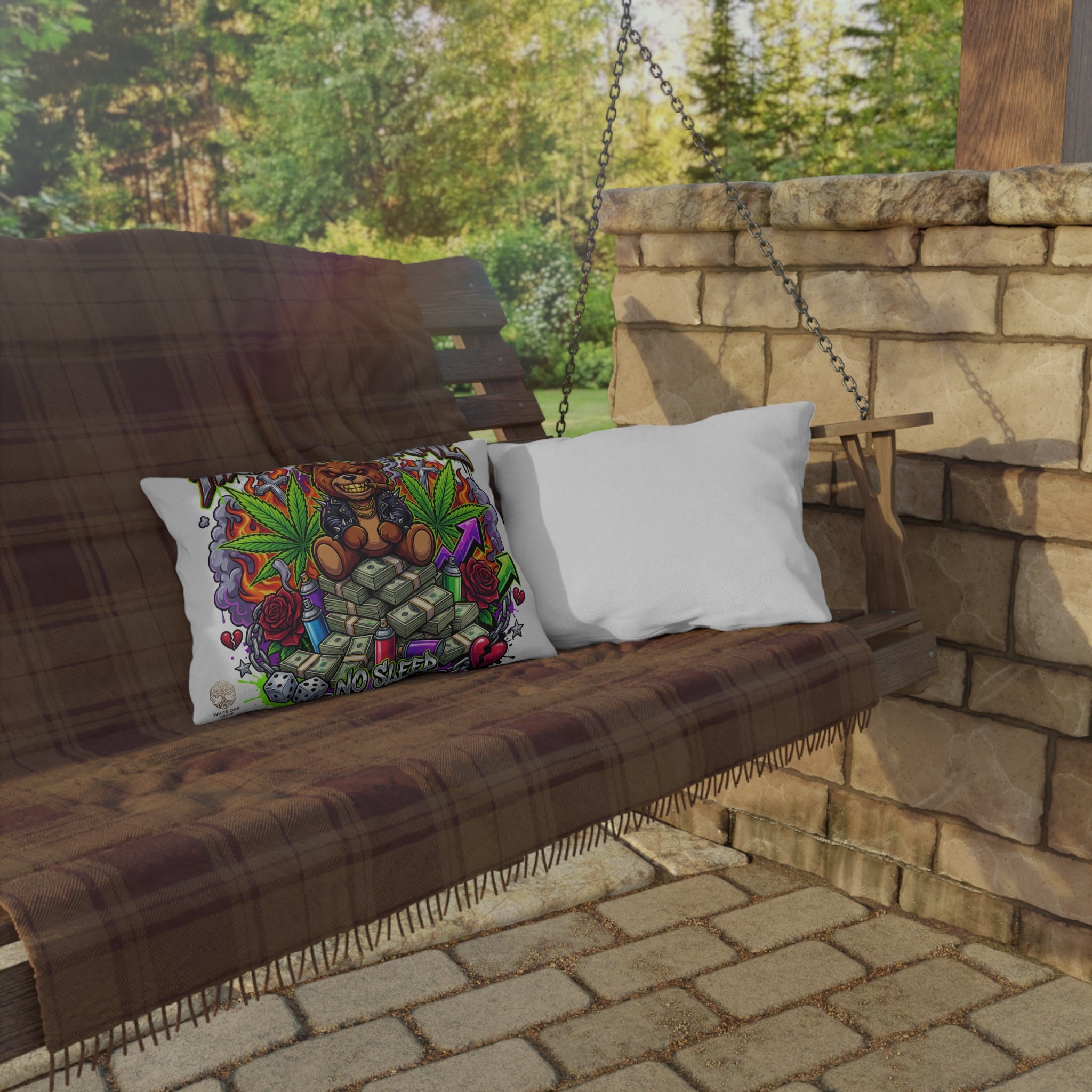 Higher Than Fame Outdoor Pillow — Bear on Money Graphic with "No Sleep Club"