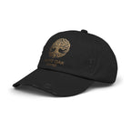 White Oak Distressed Cap — Rustic Gold Tree Logo Baseball Hat