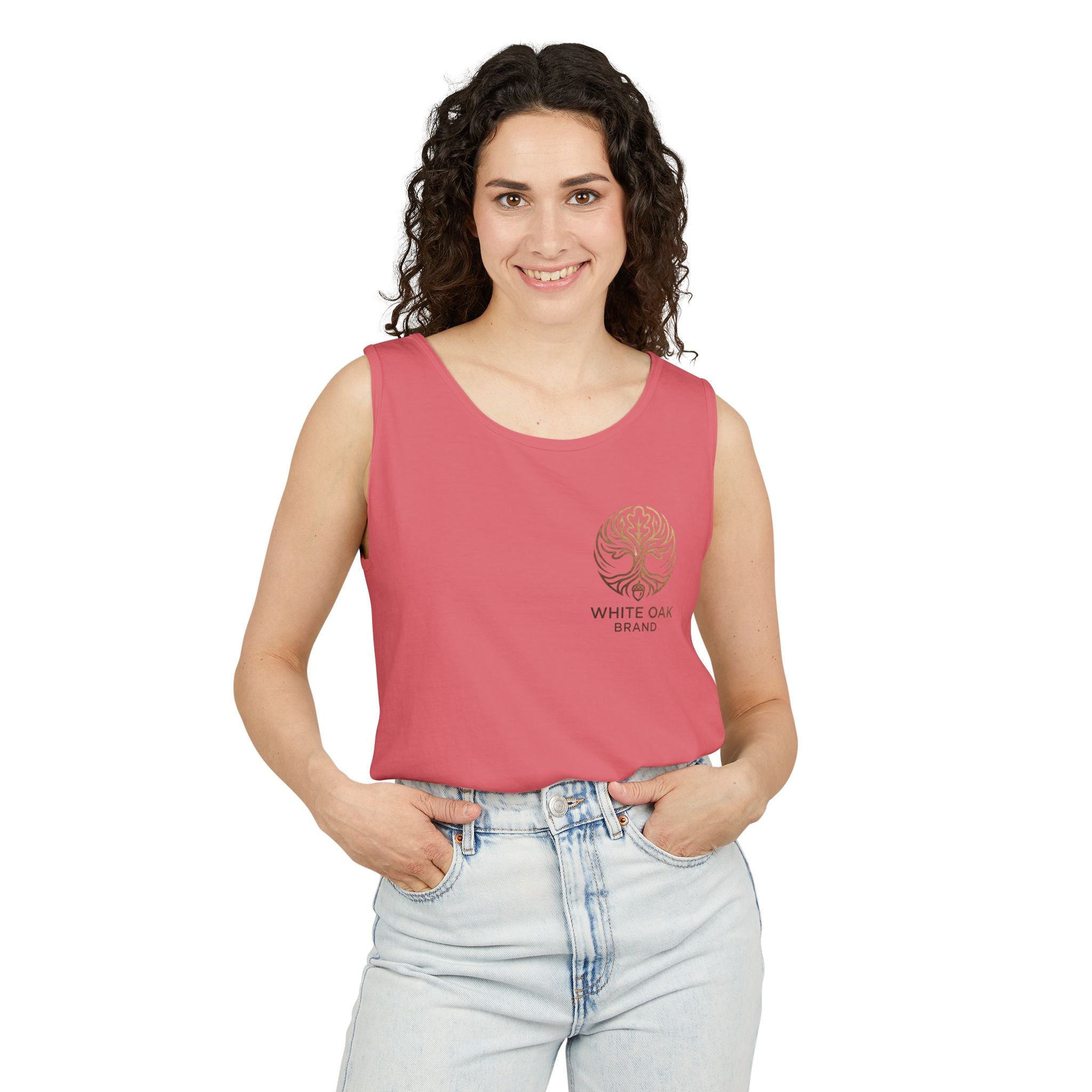 White Oak Brand Tank Top — Minimal Tree Logo Chest Print
