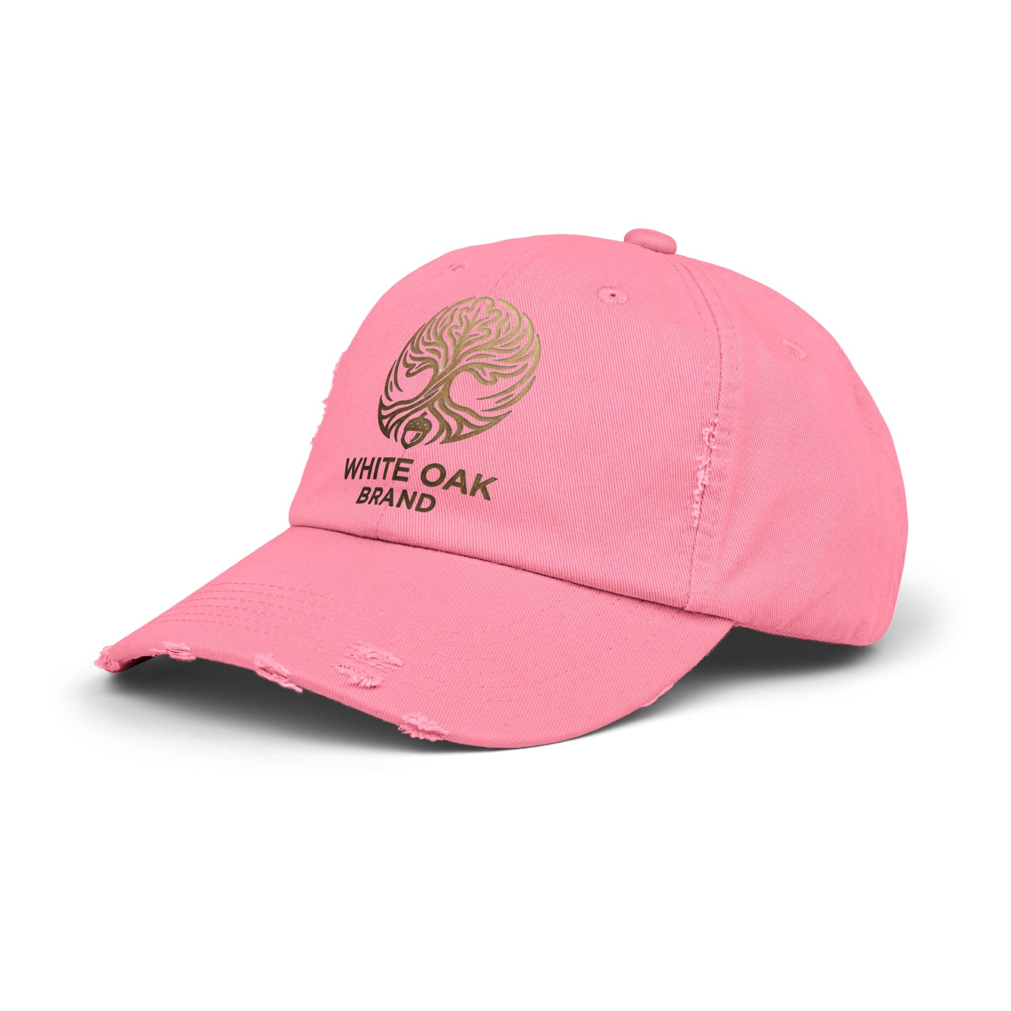 White Oak Distressed Cap — Rustic Gold Tree Logo Baseball Hat